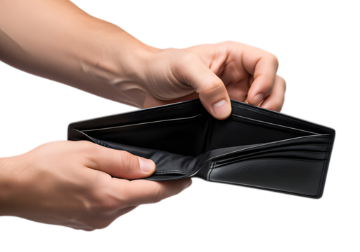 Empty black leather wallet held open by hands isolated on transparent background