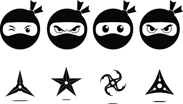 Four stylized black and white ninja faces with different expressions and four ninja weapons below