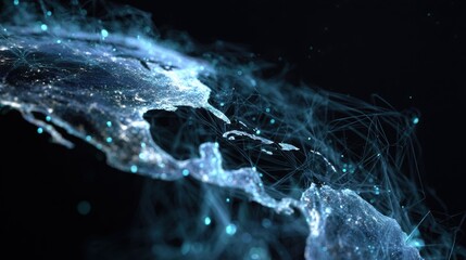 Network of connections visualizes technological advancements over North America during night, showcasing vibrant lights and patterns