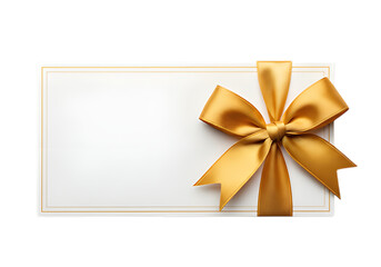 Blank white card with golden ribbon bow isolated on transparent background