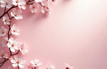 Soft pink cherry blossoms on branches frame a pale pink background. Empty space offers room for text for cards, invitations or announcements. Gentle floral bloom for spring.
