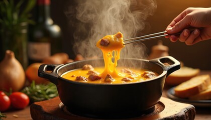 Hot cheese fondue with meat chunks steams in black pot on dark table. Hand uses skewers to lift gooey cheese. Bread slices nearby ready for dipping. Dish perfect for cozy winter meals, social