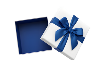 Open white gift box with blue ribbon isolated on transparent background