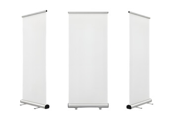 Three blank white roll up banner stands isolated on transparent background