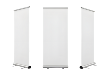 Three blank white roll up banner stands isolated on transparent background