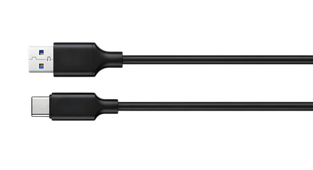 Black usb type a to usb type c charging cable isolated on transparent background