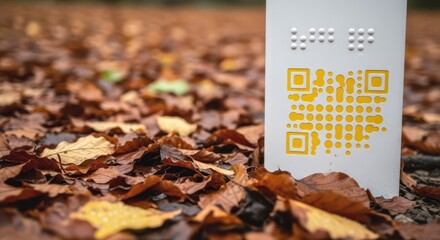 A closeup of a white sign with a yellow qr code and braille text, surrounded by fallen leaves on the ground in autumn