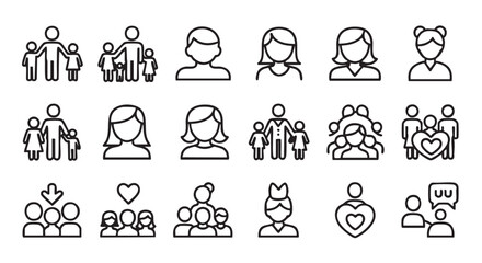 People vector outline icons representing family love recruitment teamwork communication