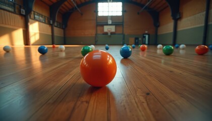 Colorful bocce balls lie scattered on polished wooden gym floor. Balls arranged for indoor game in sports hall. Sunlight streams in from high windows creating shadows, game setup. Shot perfect for