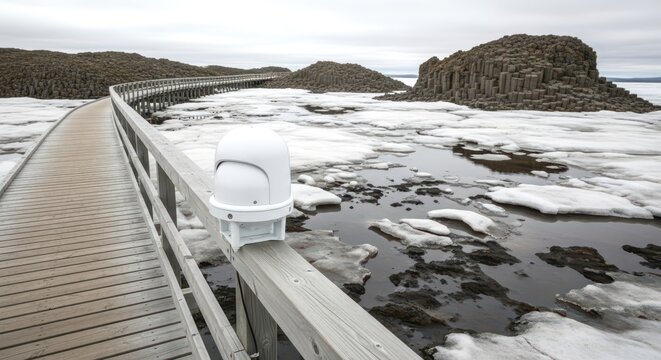A scenic view of the basalt columns of arnarstapi in iceland, with a wooden walkway leading to the rock formations and the sea in the background
