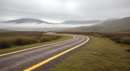 Fototapeta premium Scenic view of a winding road through a misty mountain landscape, with low clouds and fog creating a serene and atmospheric environment
