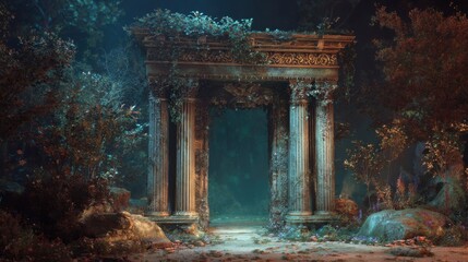 Ancient stone archway covered in vines and surrounded by lush vegetation in an enchanted forest at dusk