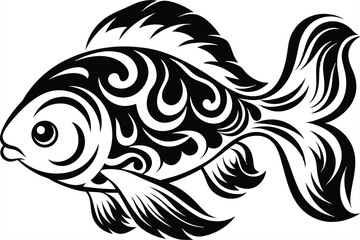 Ornate goldfish rendered in detailed black and white art swim elegantly on display
