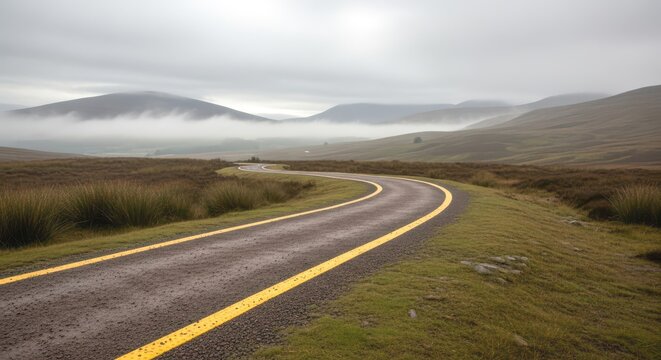 Scenic view of a winding road through a misty mountain landscape, with low clouds and fog creating a serene and atmospheric environment