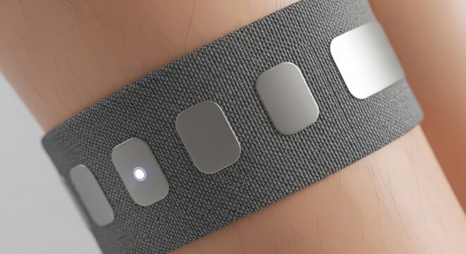 Closeup of a gray wearable sensor on a human arm, showcasing the technology and design of the health monitoring device