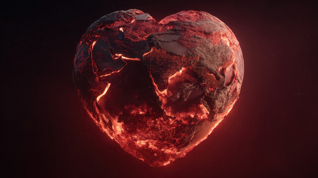 Heart shaped planet with glowing lava cracks symbolizes fiery, passionate Earth. image evokes sense of urgency and love for planet, highlighting environmental themes