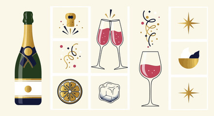 A collection of elegant illustrations featuring a champagne bottle, wine glasses, and festive party elements. © GJ