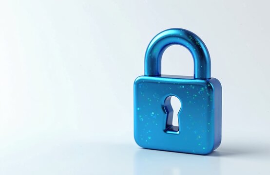 Shiny blue metallic padlock with keyhole rests on white surface. Object symbolizes digital safety privacy data protection cyberspace security and access. Concept for cyber security.