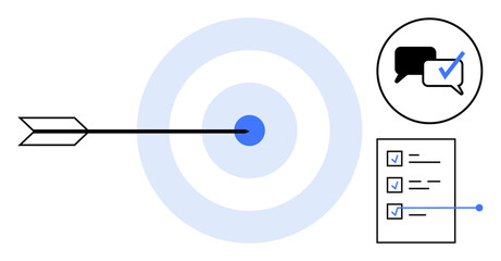 Arrow hitting target center, checklist with checkmarks, and chat bubble with tick. Ideal for goal setting, strategy, planning, communication, productivity, success focus simple flat metaphor