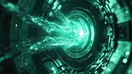Green energy plasma stream flowing in futuristic tunnel
