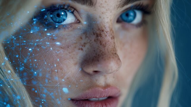 Close-up of a woman's face with striking blue eyes and digital patterns overlaying her skin, showcasing a blend of beauty and technology in a modern setting