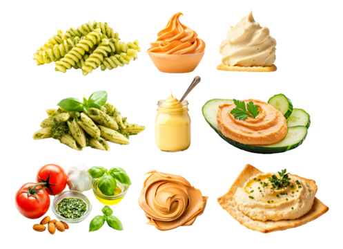 Various creamy sauces and fresh ingredients like peppers, garlic, herbs, nuts, oil isolated on white background. Concept of cooking