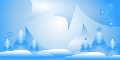 Frosty Winter Landscape with Geometric Christmas Trees and Snowy Hills Background