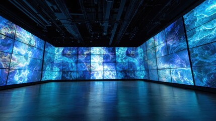 Large digital display showcasing vibrant abstract blue visuals in a darkened exhibition space during a modern art event