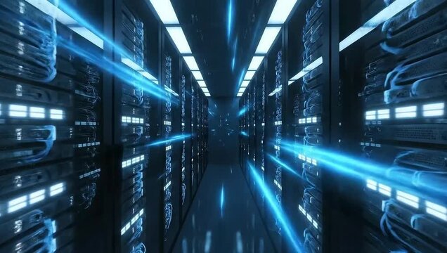 Futuristic Server Room with Blue Data Light Trails in Corridor