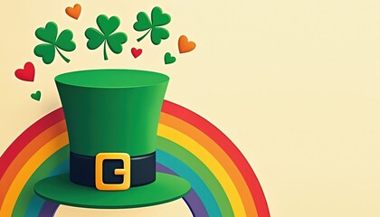 Green leprechaun hat with rainbow and shamrocks floats in sky. Hearts surround festive Irish symbol. Festive illustration for St Patricks Day celebration.