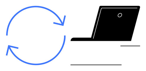 Blue circular arrows denote refresh or update beside a simple laptop icon. Ideal for themes thumbs up technology, progress, update, synchronization, continuity, innovation, minimalism. Simple flat