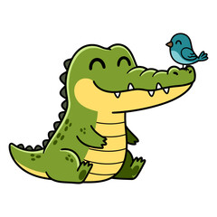 Bird Sitting on Crocodile’s Nose. Flat Vector Illustration