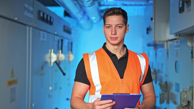 Professional engineer performs diligent inspection in industrial setting. Worker maintains equipment with expertise and confidence. Focused on safety and technical operations.
