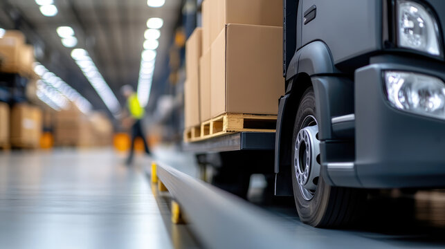 loading dock at hardware store warehouse with delivery trucks and employees handling goods in industrial logistics area