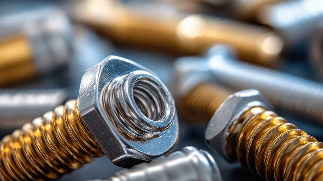 close-up of shiny metal screws and bolts neatly arranged