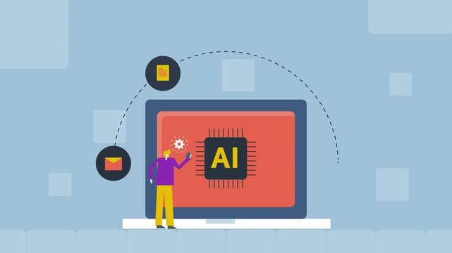 AI chip symbol on laptop screen. AI productivity tool enable employee work efficiency using mobile app for communication, content production and cloud operation.