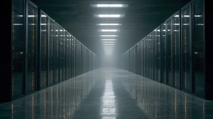 Dark corridor in a data center with rows of servers illuminated by soft lights creating an eerie atmosphere in a high-tech environment