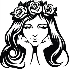 Pensive woman with long hair and floral crown rests her chin in black and white