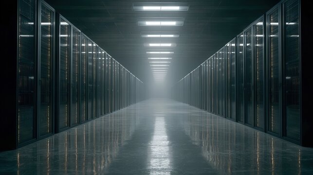 Dark corridor in a data center with rows of servers illuminated by soft lights creating an eerie atmosphere in a high-tech environment