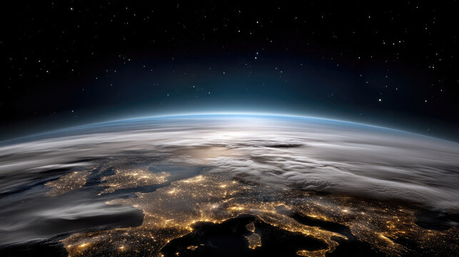 Stunning view of Earth from space with glowing city lights, atmospheric clouds, and starry night sky, evoking awe and wonder - Powered by Adobe