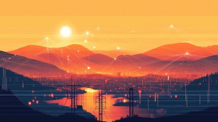 Smart city energy network connecting mountains at sunset