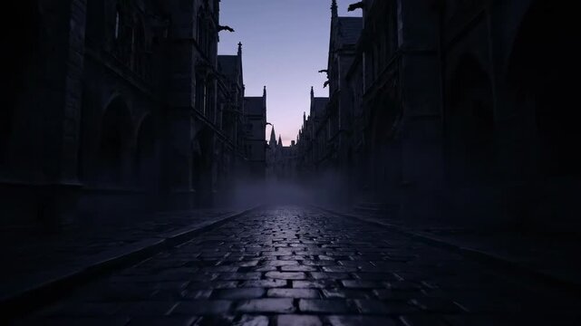 Cinematic steadycam dolly shot through an empty, mysterious cobblestone street in an ancient gothic settlement at twilight steadycam, spooky, ancient village