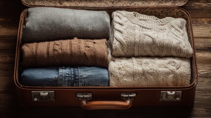 Packed suitcase with neatly folded sweaters and jeans ready for travel in a cozy setting