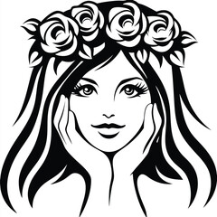 portrait of a beautiful brunette with hands on face and roses crown