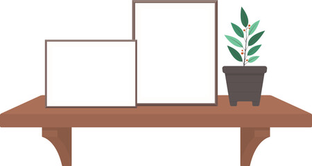 Blank Picture Frame Mockup and Small Potted Plant on a Wooden Wall Shelf