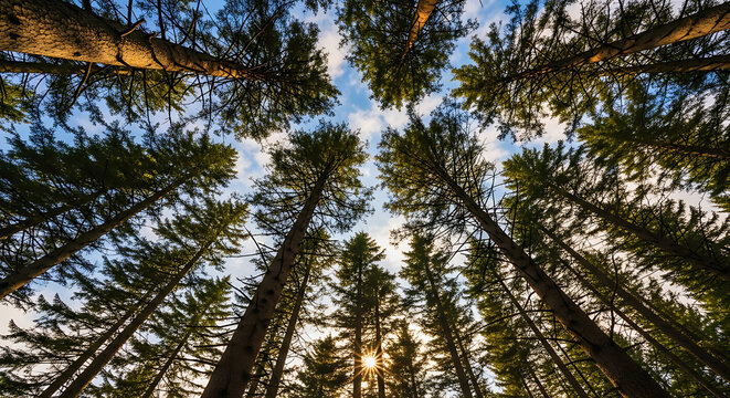 Low angle view of tall trees reaching towards the sky with sun peeking through the branches of the trees ai generated
