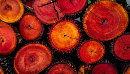 A close-up view presents a vibrant display of stacked wood slices, revealing intricate patterns and rich colors. The circles are cut ends