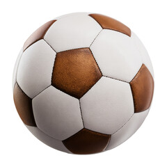 Brown and white vintage soccer ball floating on transparent background