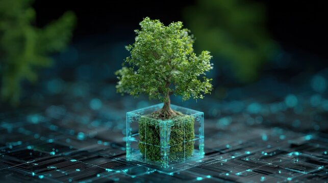 Digital tree growing from a block of data, representing the intersection of nature and technology in a futuristic concept - Powered by Adobe