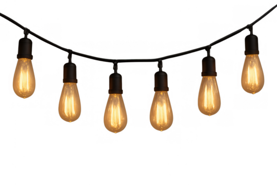 Edison string lights bringing warm ambient glow for festive outdoor decoration on transparent background